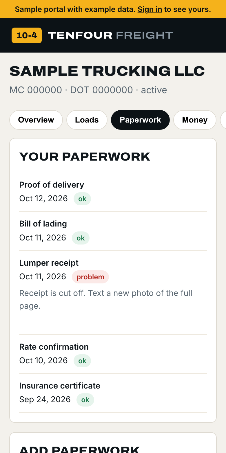 Sample paperwork list with checked BOLs and PODs
